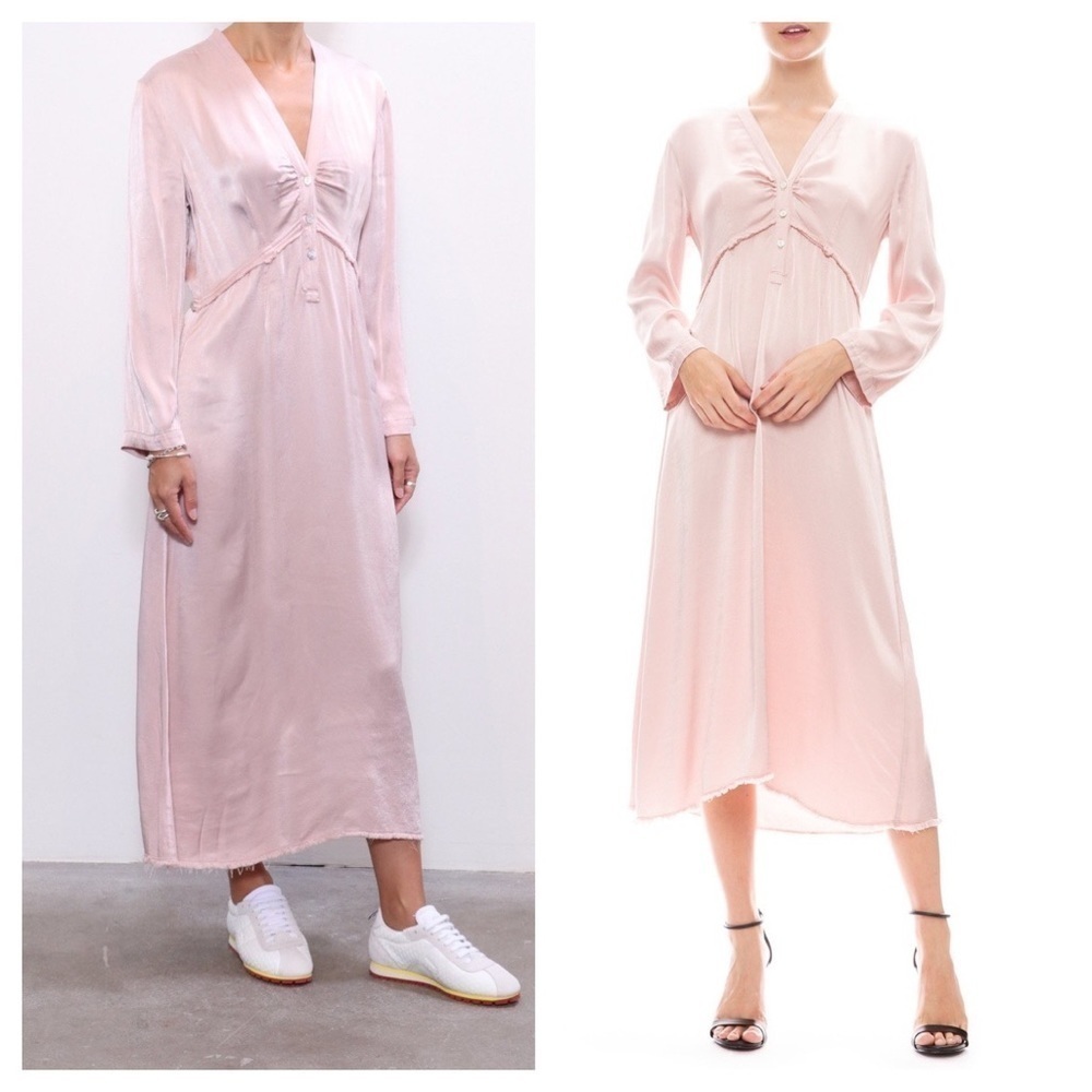 Raquel Allegra / Camille pink satin v neck midi long sleeve  Dress 0 XS